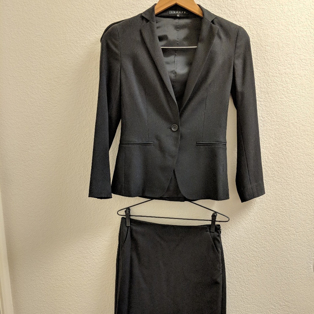 Theory Black Pinstripe Skirt Suit Size 00